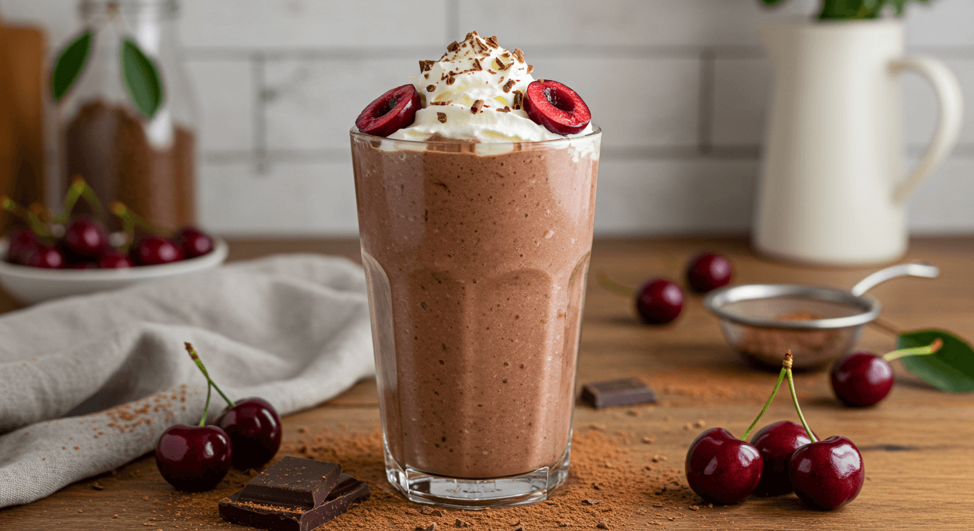 Glass of chocolate cherry smoothie topped with whipped cream, dark chocolate shavings, and fresh cherries on a rustic wooden table
